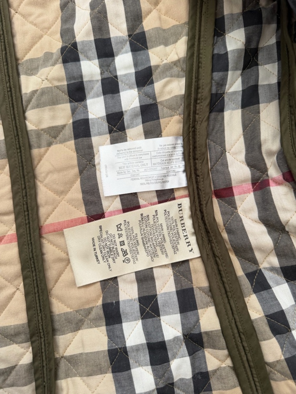 Burberry Beige and Olive Quilted Plaid Jacket Interior - Picture 3 of 7